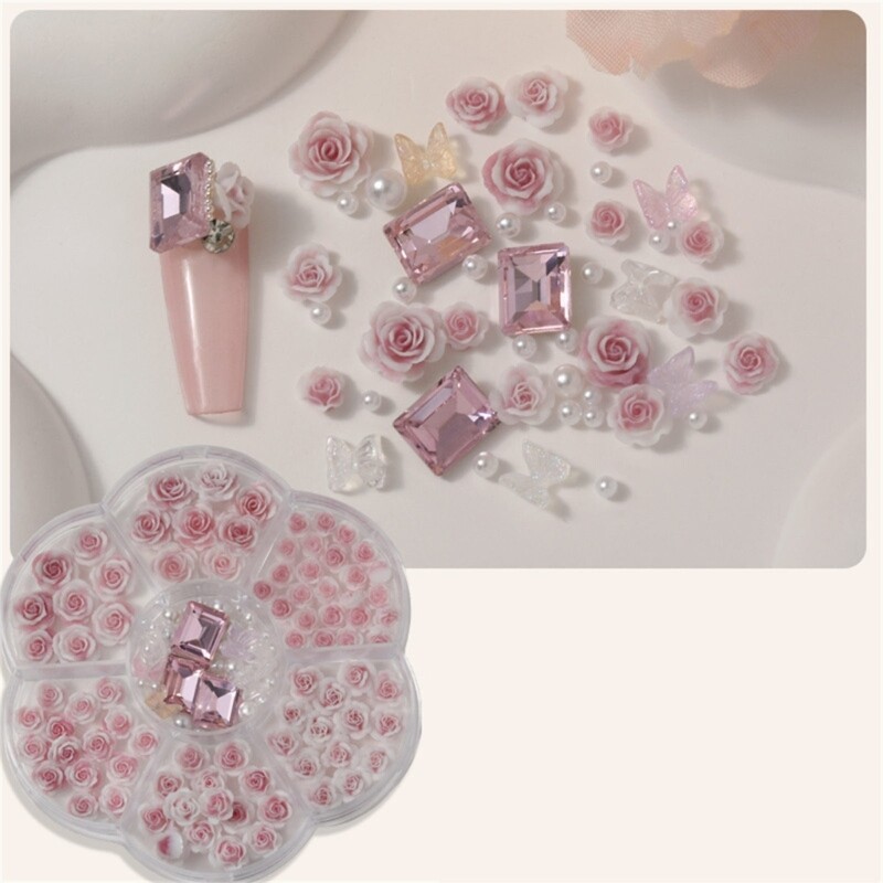Crystal Rhinestones Pearls Beads 3D Flowers Nails Art Gift