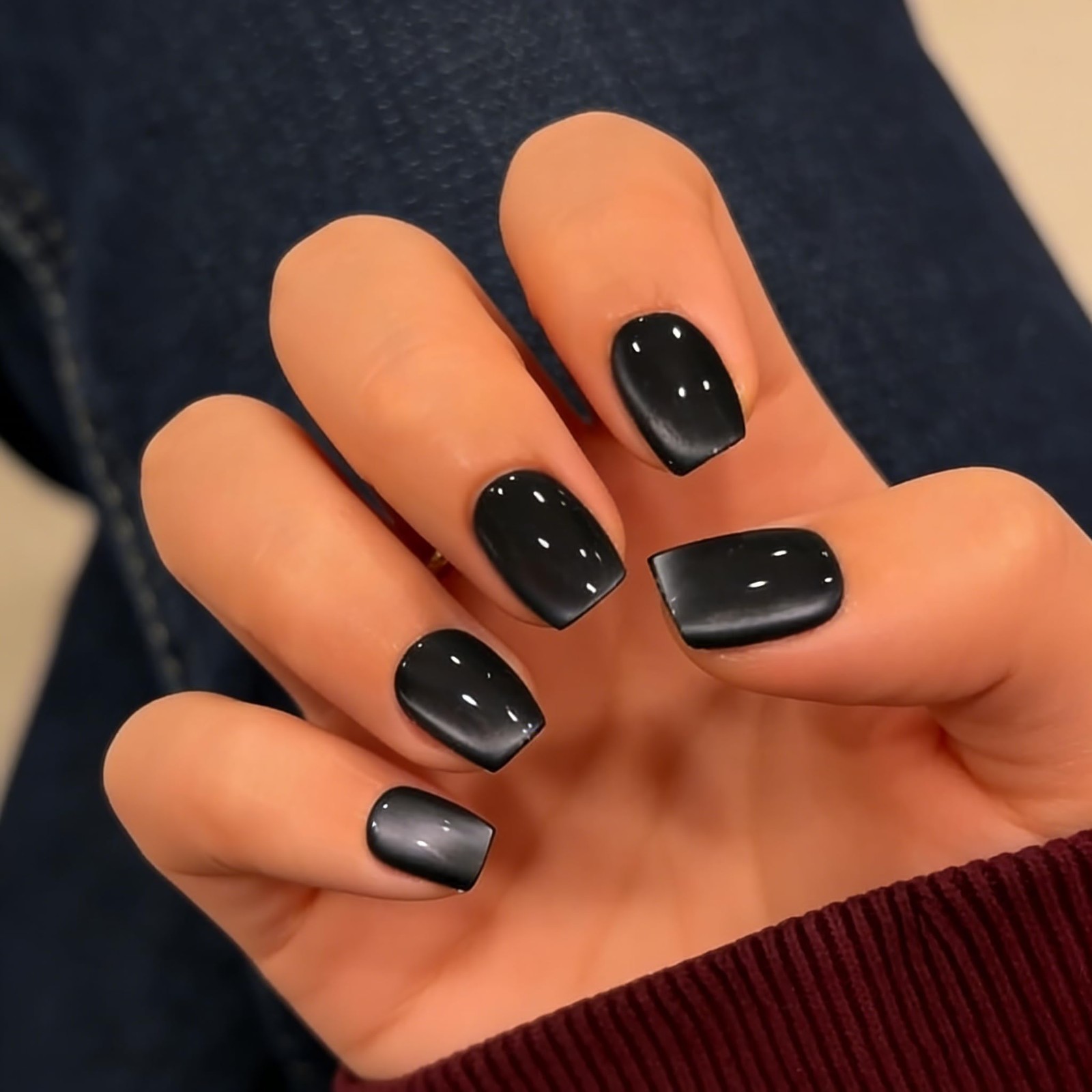 KQueenest Cat Eye Press On Nails Short, 30 Pcs Glitter Black Press On Nails S…