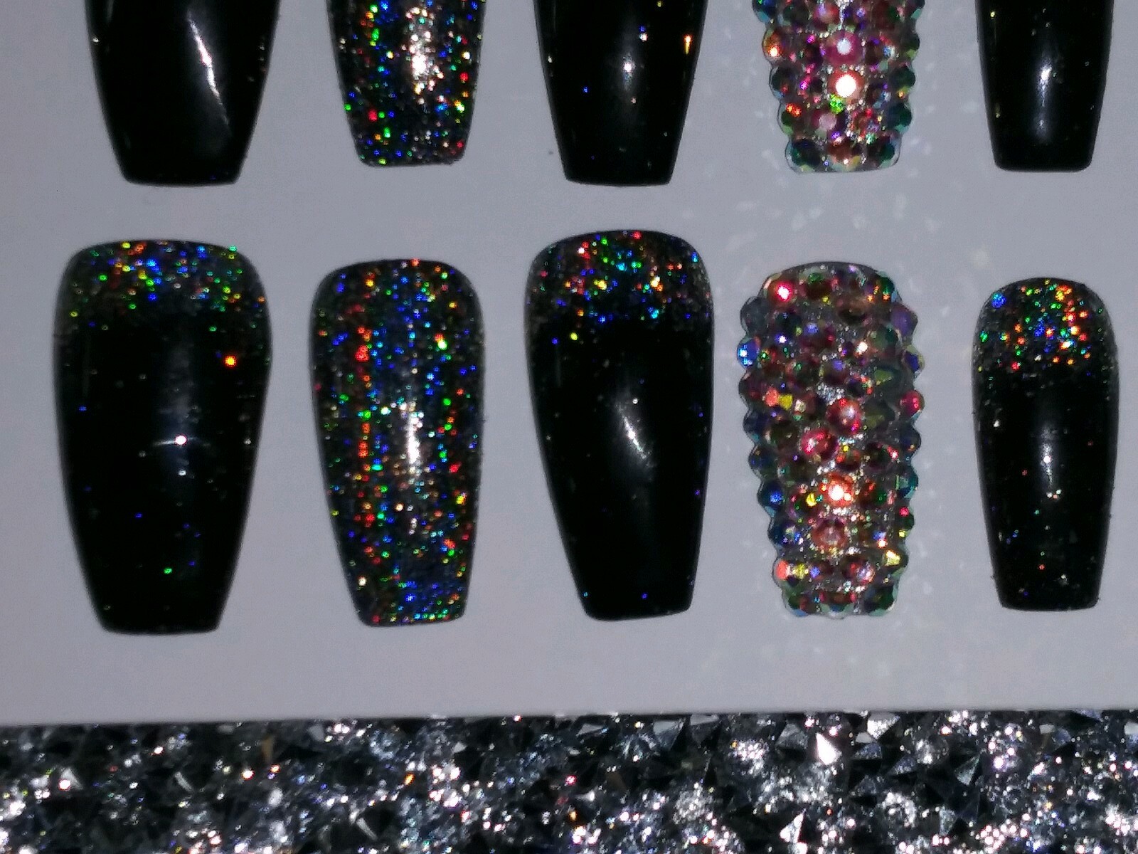 Black holographic glitter bling press on nails holo diamond crystal set short
