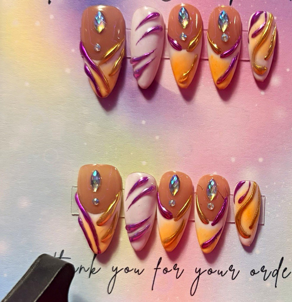 Handmade Brown/Purple/Gold 3D Shiny Abstract Almond Press-On Nails, Long Acrylic