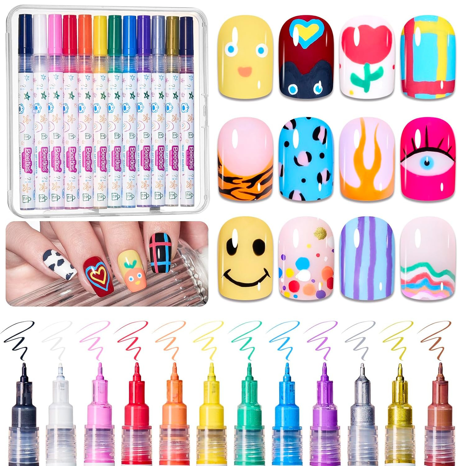 12 Colors Nail Art Pens, 0.5Mm Fine Line Nail Polish Pens for Women | Quick Air