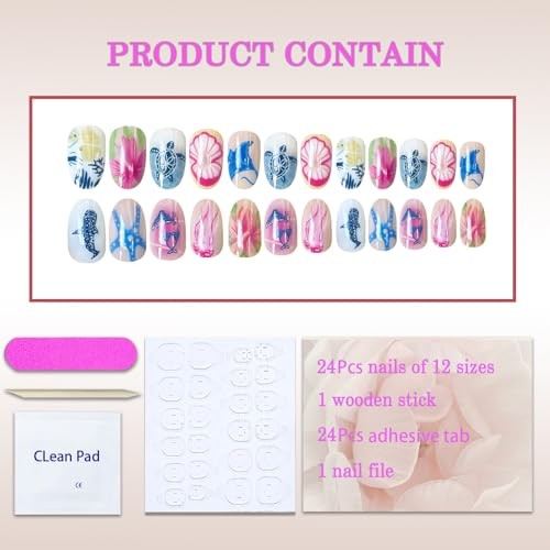 Short Almond Press on Nails – Beach Ocean Theme – Starfish Style – 10 Nails