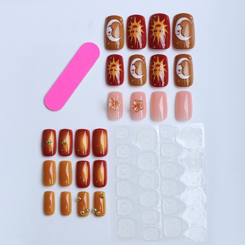 48 Pieces of Orange Red Sun and Moon Cartoon 3D Relief Removable Fake Nail Art
