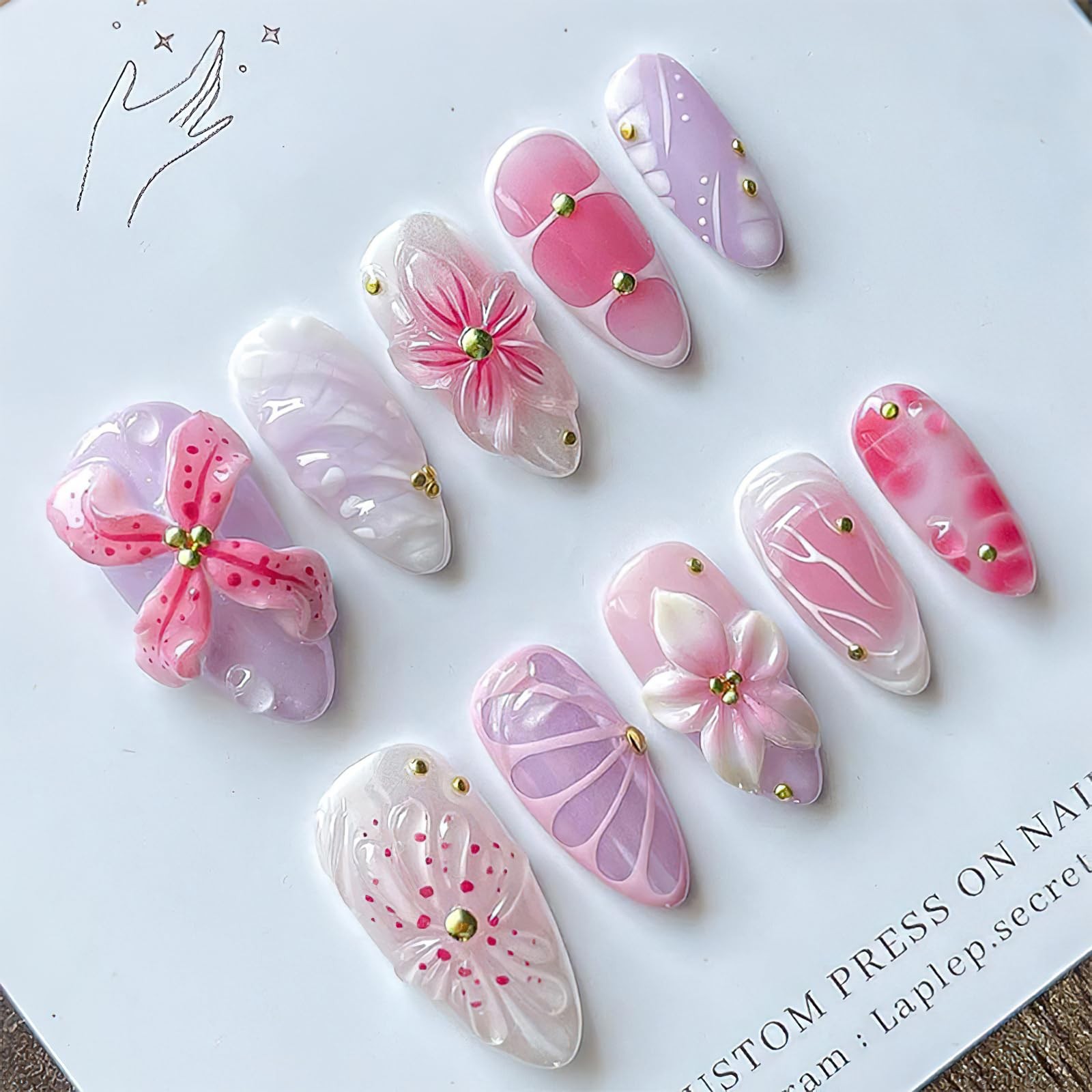Jremg Pink Flower Press on Nails Medium Almond Fake Almond, Multicolor