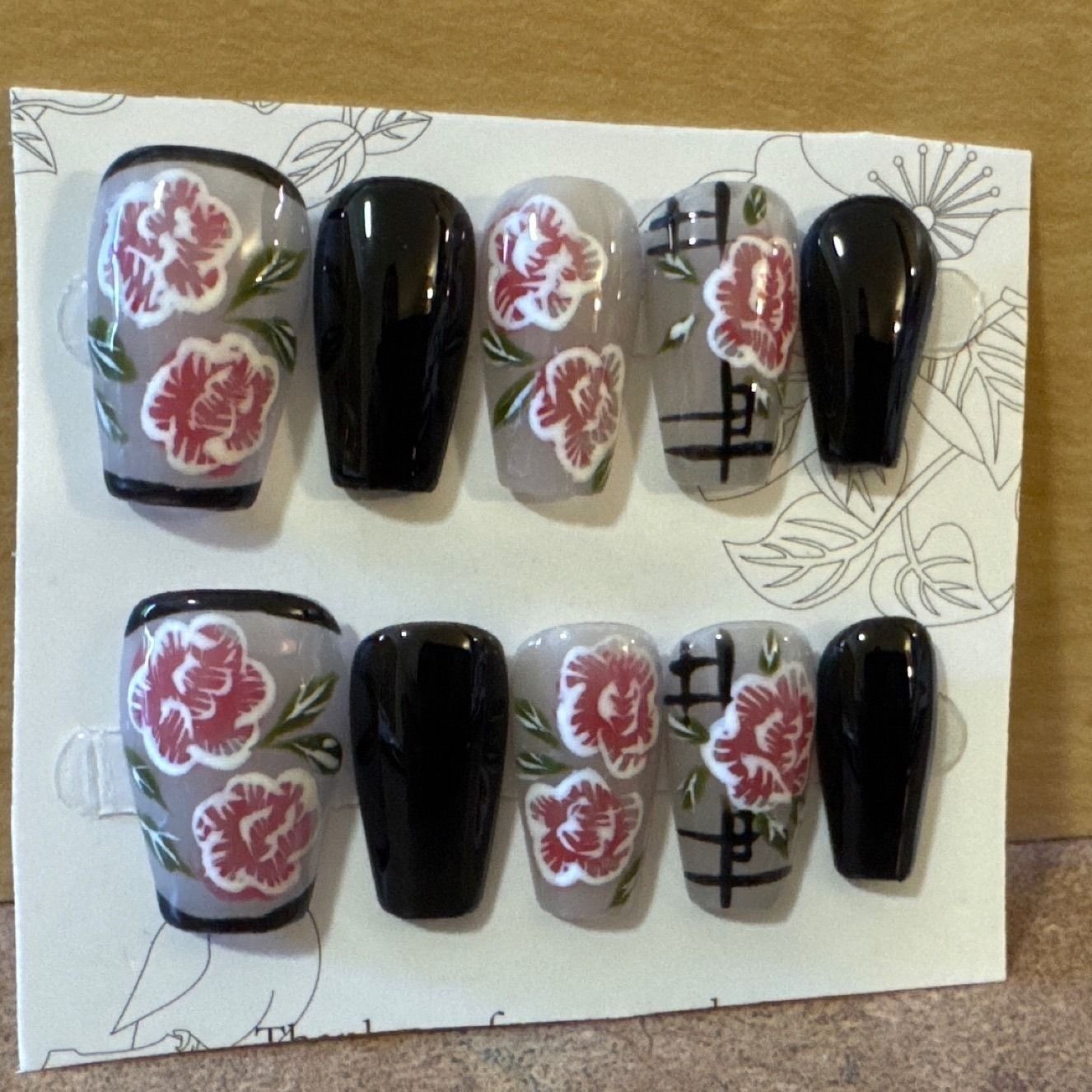 Floral Press On Nails Black Grey Pink Rose Coffin Shape Artificial Nail Set 10pc