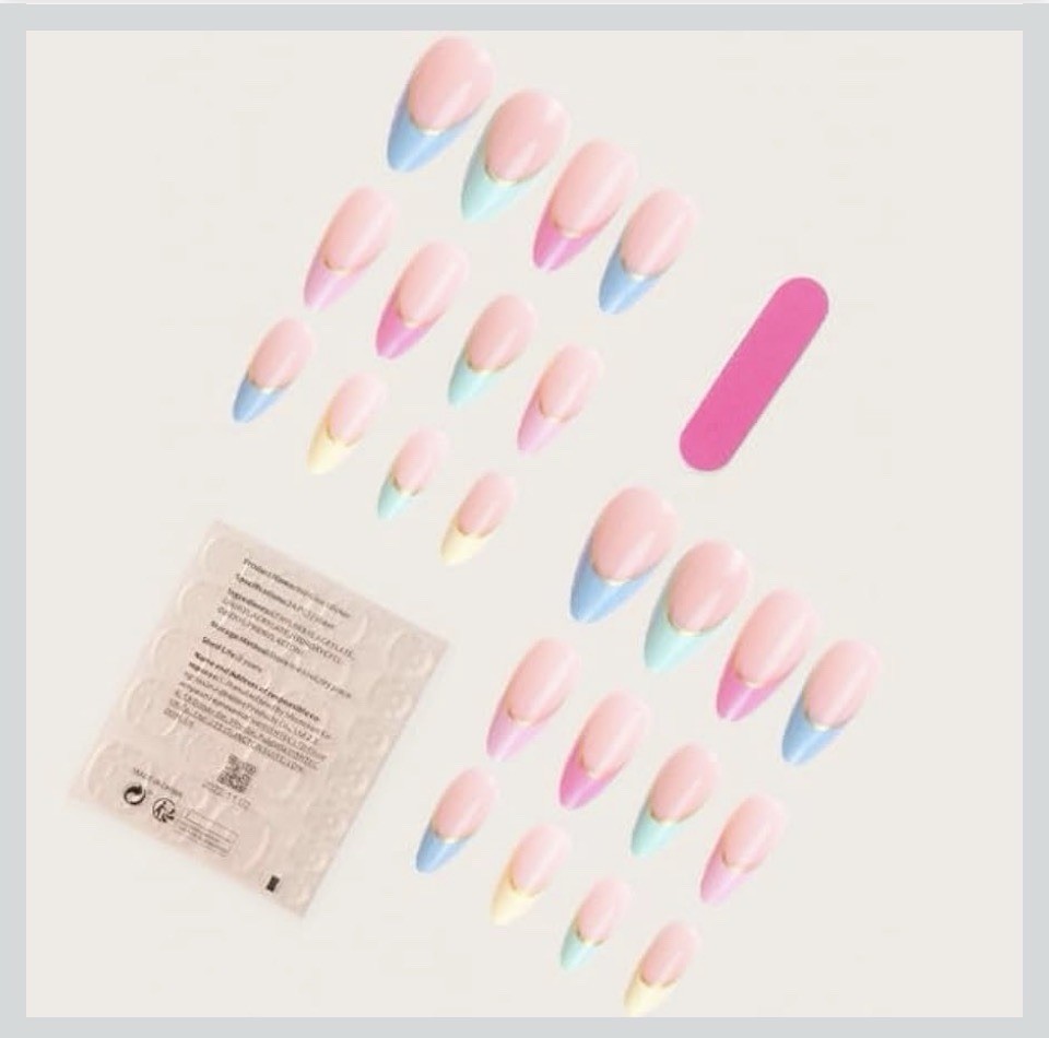 24 Press-On Nail Kit | French Tips In Pink, Yellow, Blue, Orange & Gold | New