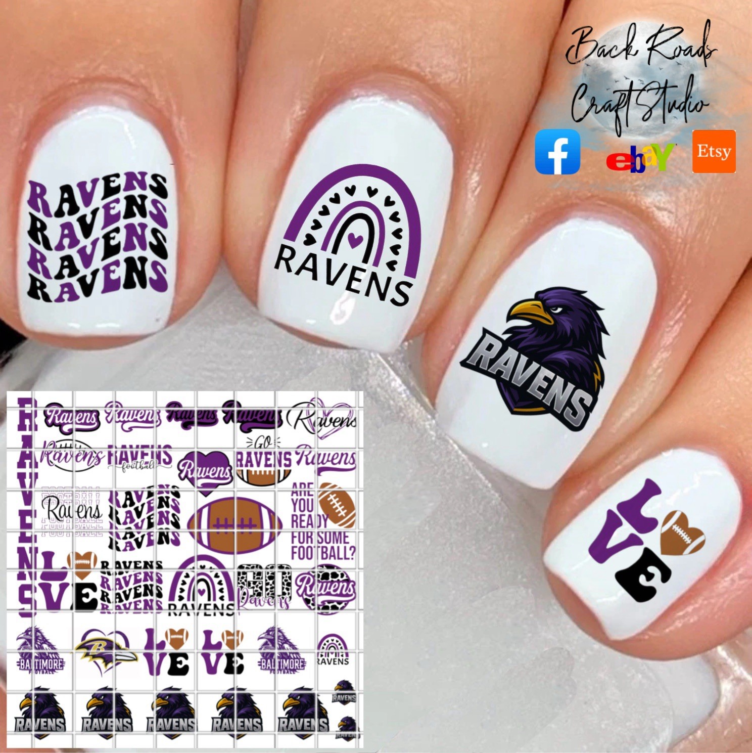 Baltimore Ravens Waterslide Nail Decals Set Of 60 Multiple Sizes Instructions &