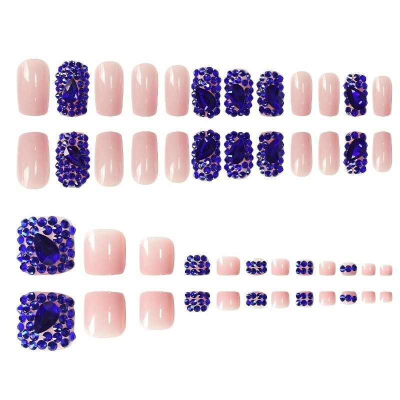 48Pcs-Blue Sapphire Rhinestone Press on Nails Glossy Short Square Nail Art Set