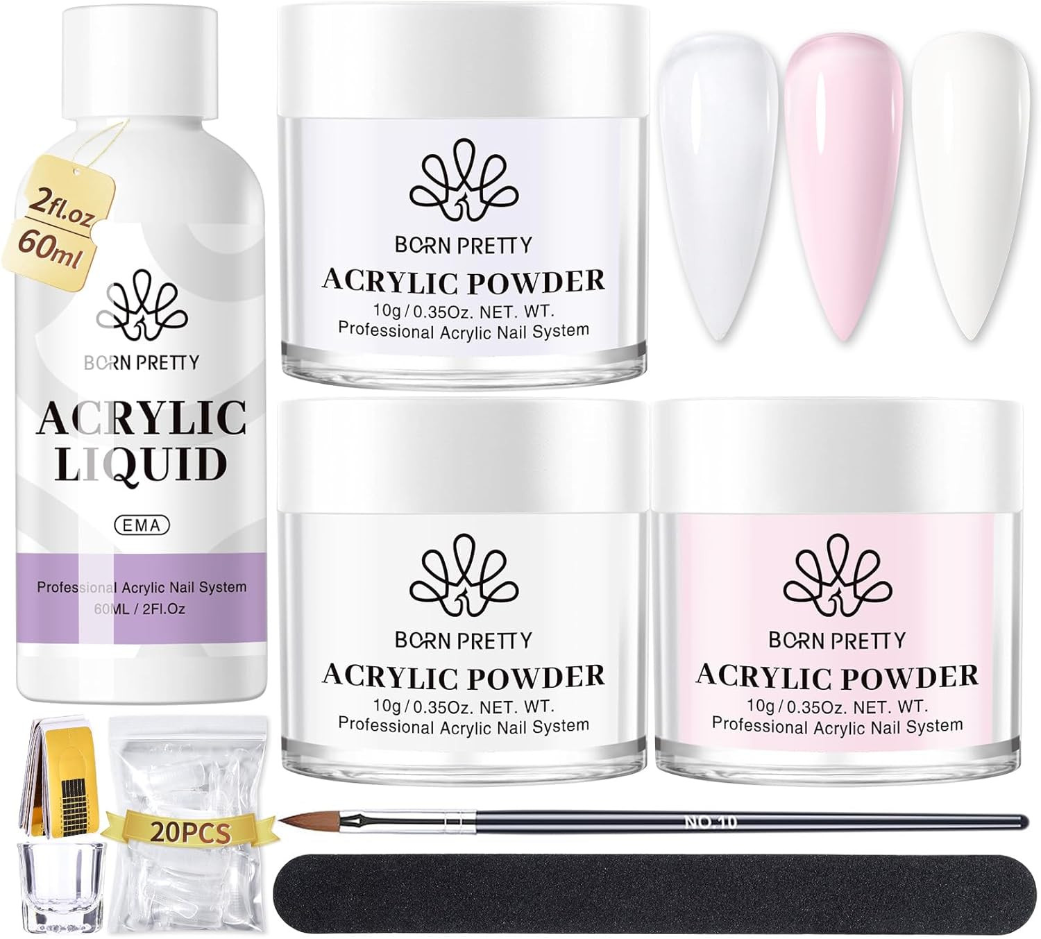 Acrylic Nail Kit – Powder & Liquid Set, Pink, White, Clear Acrylic Powder with N