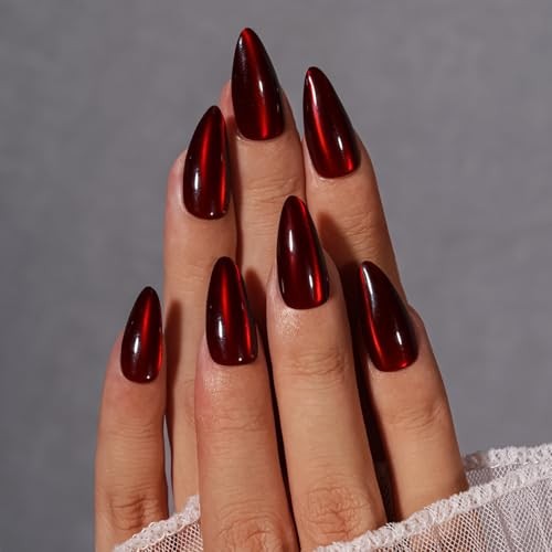 Dark Red Cat Eye Press On Nails Almond – Acrylic Press On cat eye wine red