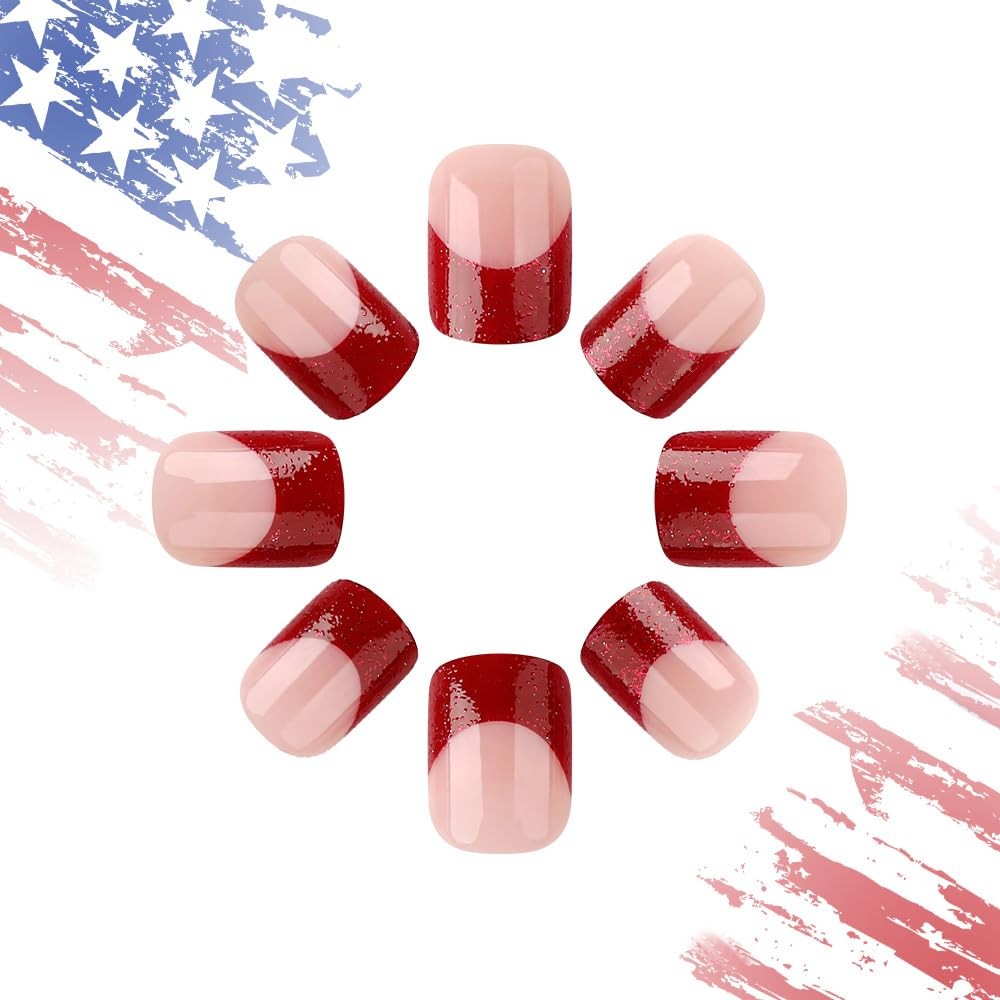 Independence Day Press on Nails French Tip Fake Nails Blue Red False Nails wi…
