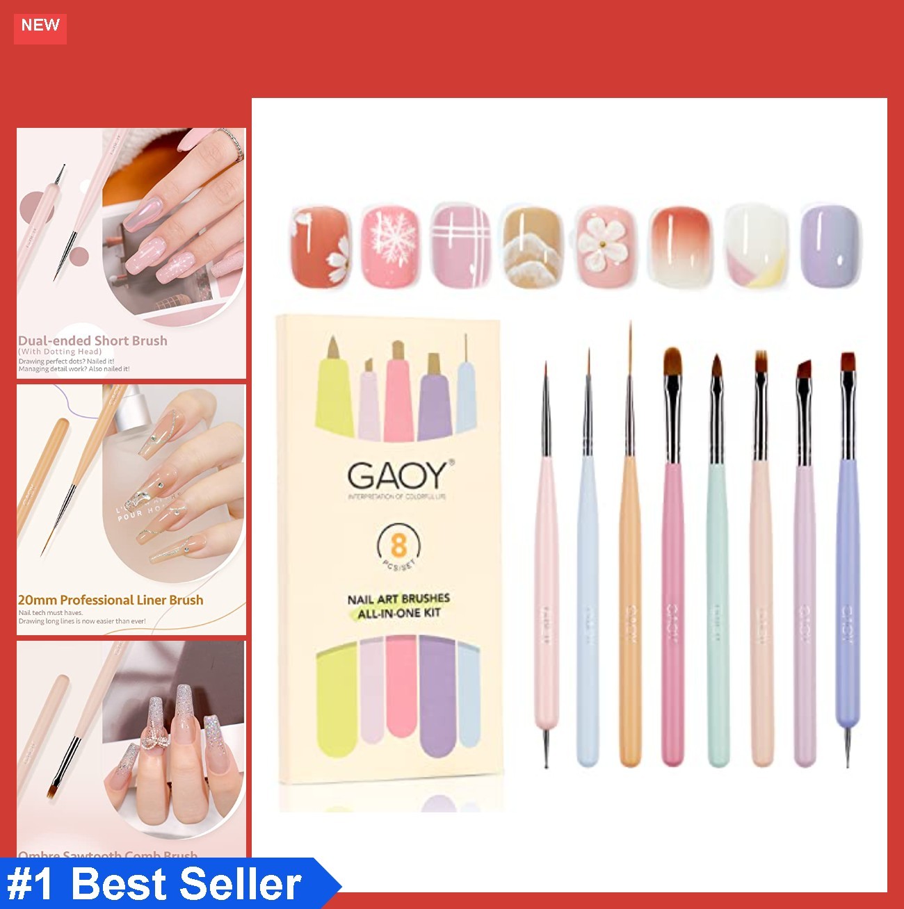 8 Piece Nail Art Brush Set for Detail Painting French Liner And Dotting Pens