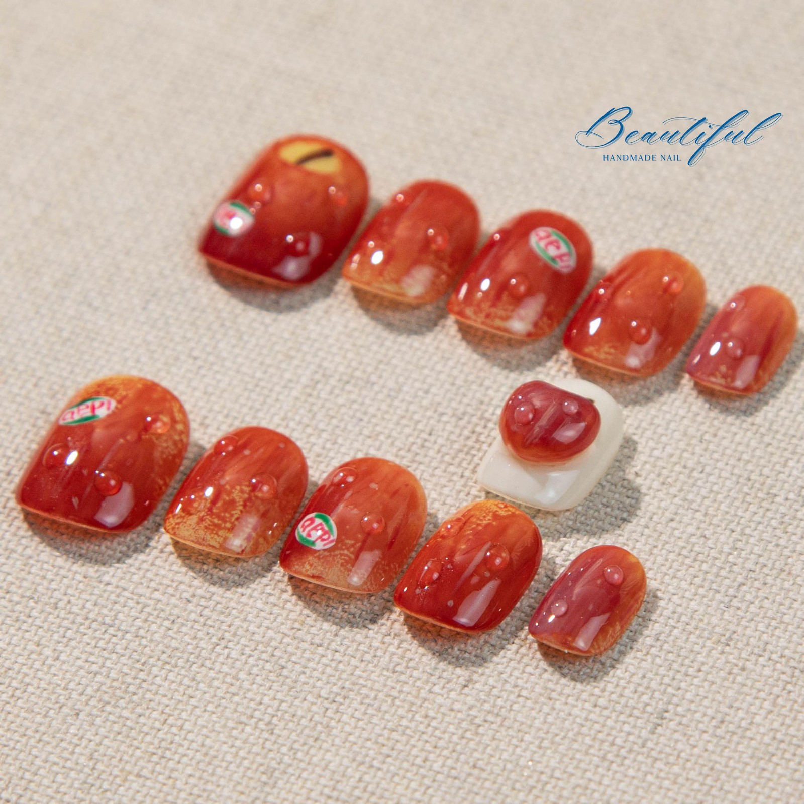 Custom Handmade 3D Red Apple Water Drop Label Short Square Press on Nails