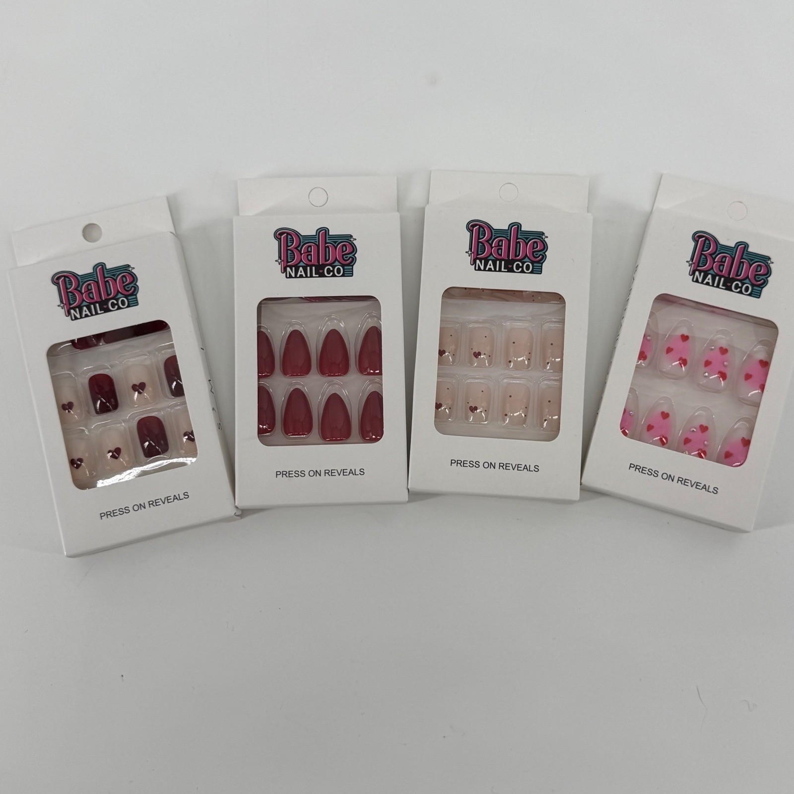 Babe Nail Co 4 pack Press On Valentines Nails Heart Design Red Pink Almond Shape