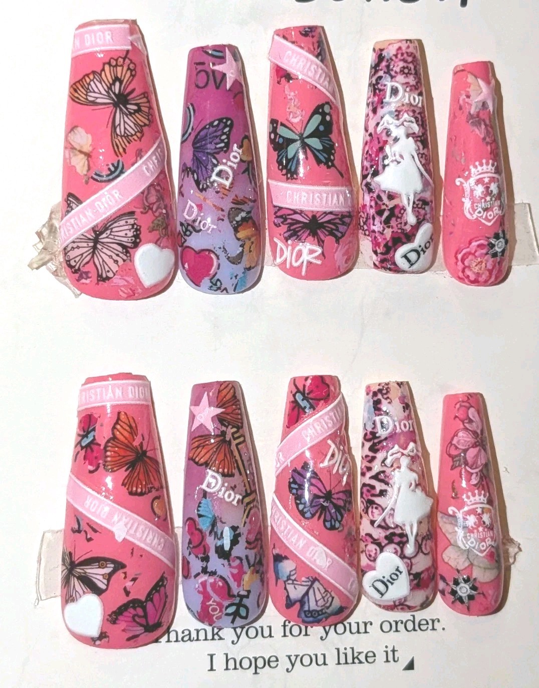 Printed custom decorative 10pc short acrylic press on nails sz large Glue…