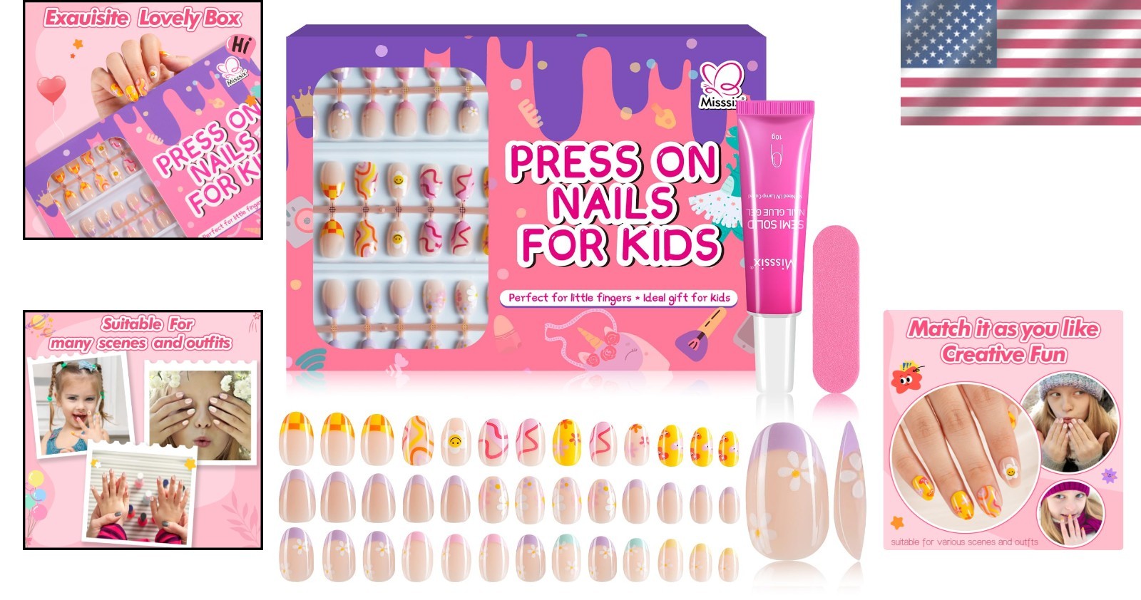 78 Pcs Press on Nails for Kids, 3 Pack Kid Fake Nail Kit Cute Press on Nails, St
