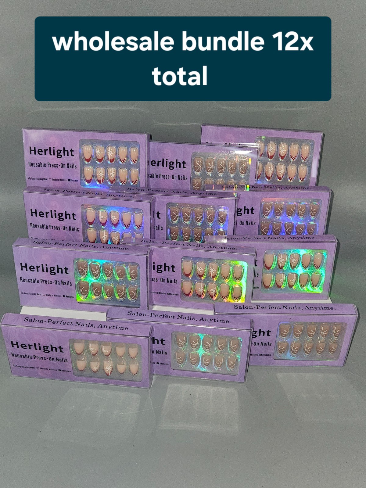 12 Packs Herlight Reusable Press-on Nails Assorted Designs/Patterns Long Lasting