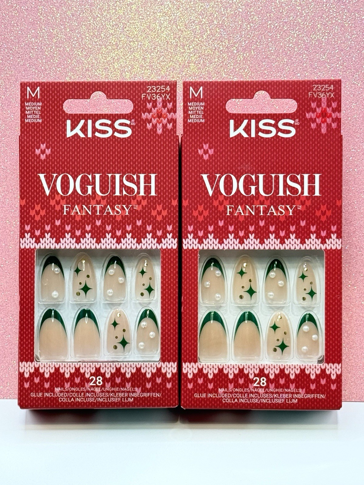 Kiss Voguish Fantasy Press-On Nails Medium Holiday Green French Pearl 2pack