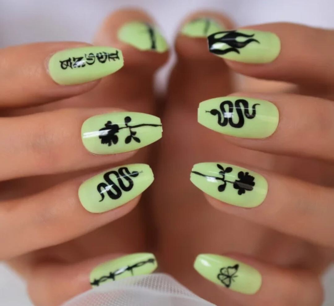 24 Medium Press on nails kit w glue Neon Green tattoo snake design goth
