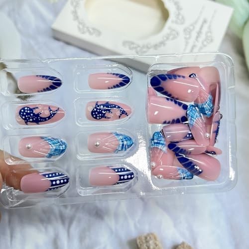 Summer Press on Nails – Short Almond Fake Nails with Shine Pearl Polka Blue Fish