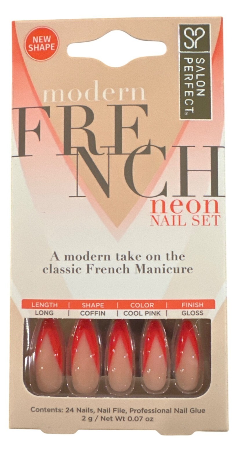 Salon Perfect 24 Nails Modern French Long Coffin Glossy+French Peach+Pink Neon
