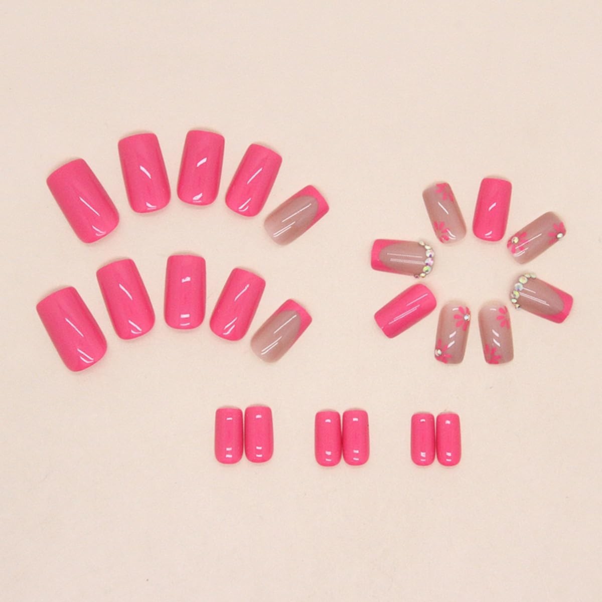 Hot Pink Press on Nails Medium Square Fake Nails French Tip False Floral Pink