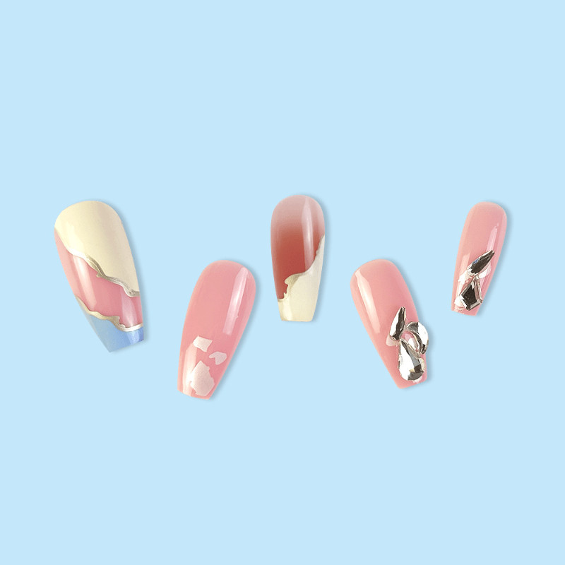 48 Pcs Nude White Blue Press on Nails, Medium Coffin Silver Accent False Nails