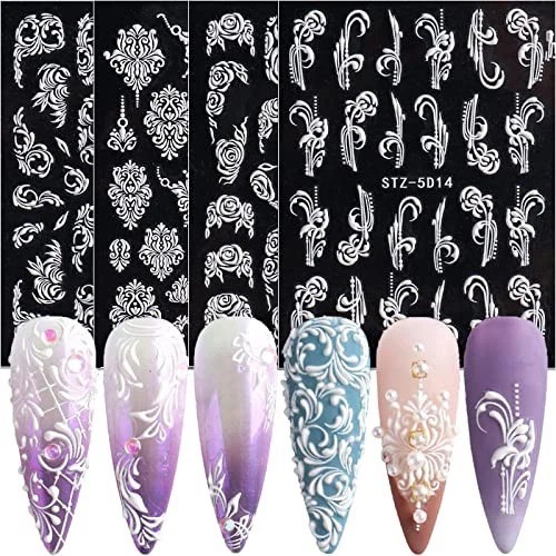 White Flower Nail Art Stickers Decals 5D Hollow Nail Stickers White Lace Rose