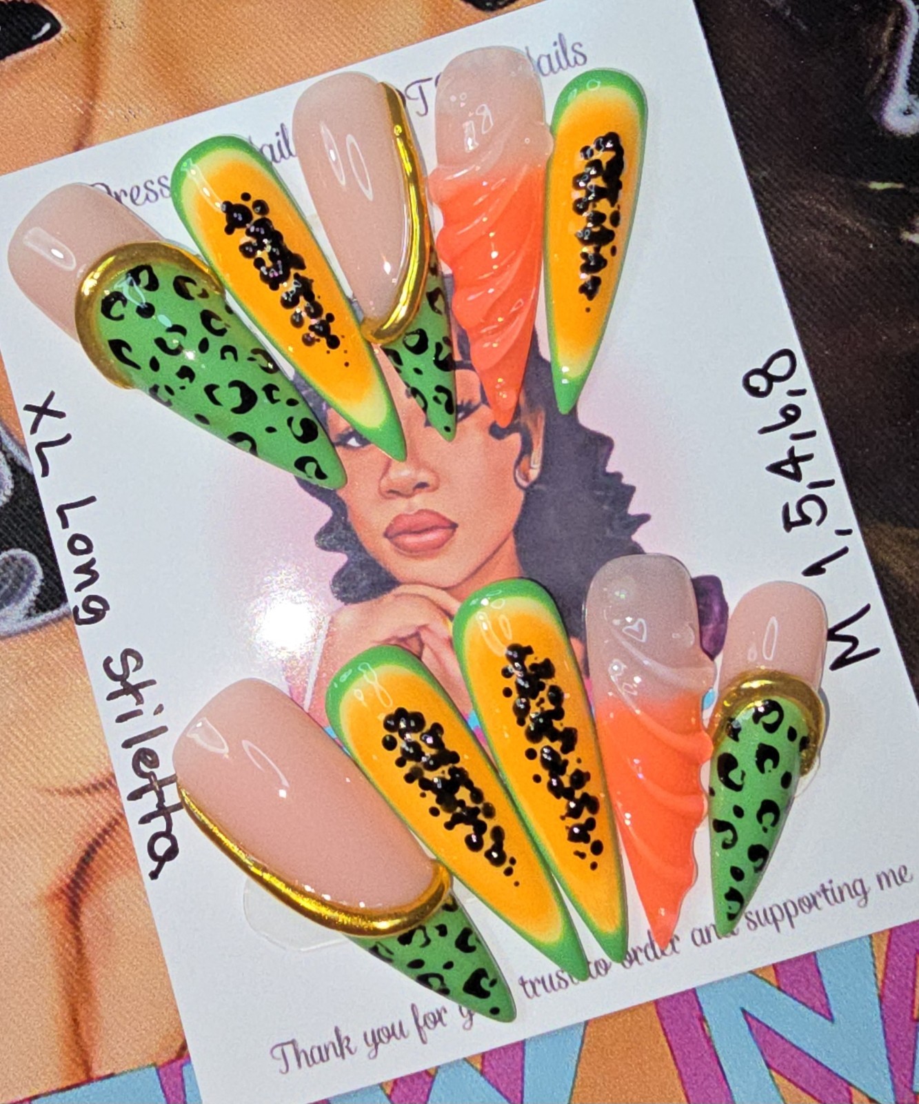 Handmade Gel Press On Nails, Summer Set Medium Size 1,5,4,6,8 XL Long Stiletto
