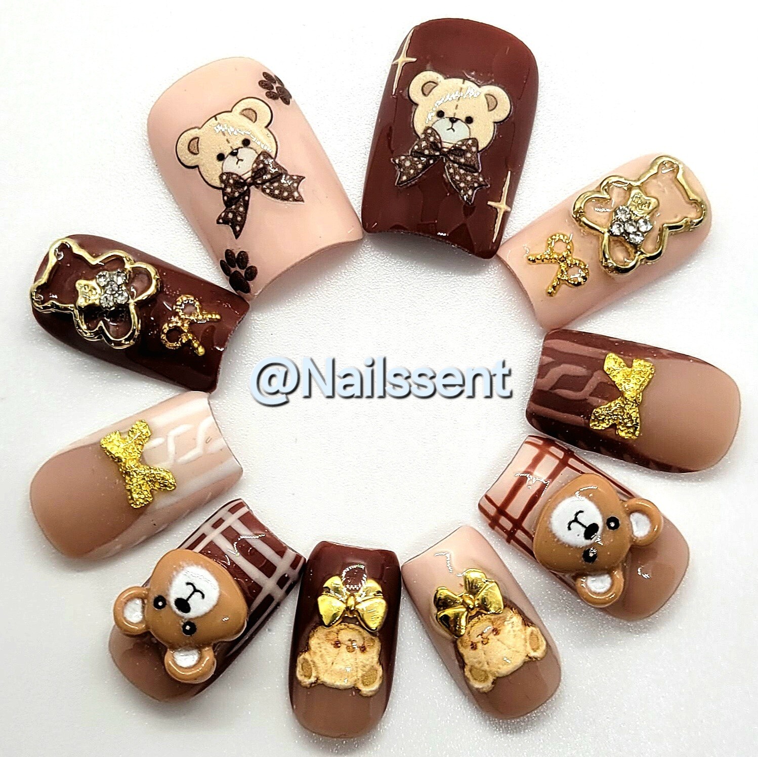 Handmade Teddy Bear Autumn Cute French Brown Sweater presson nails short Square