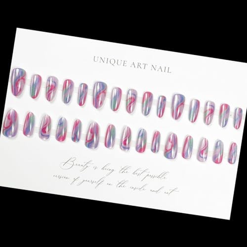 Colorful Press on Nails Almond – Medium Cat Eye Fake cat eye color stripe