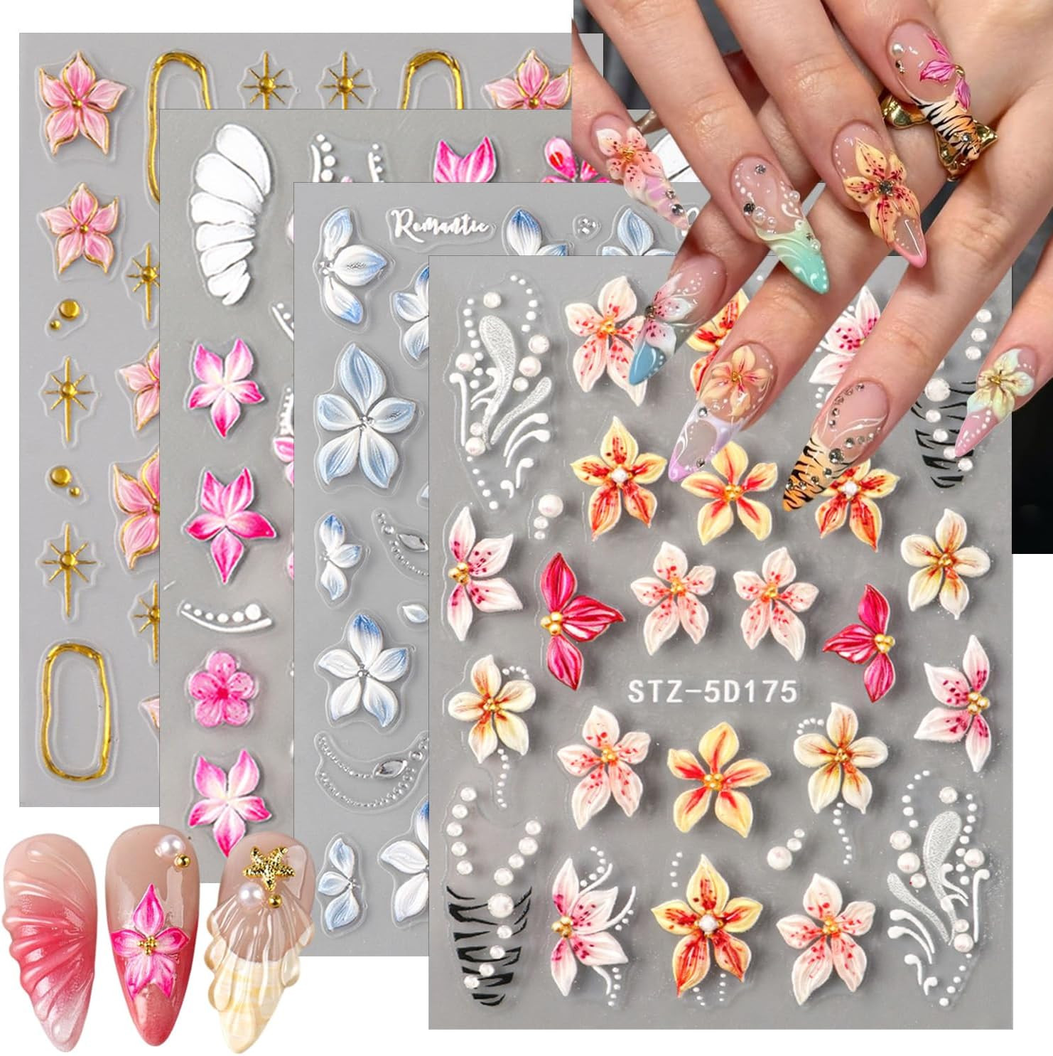 4 Sheets 5D Embossed Gradient Flowers Nail Stickers for Nail Art Design Summer F