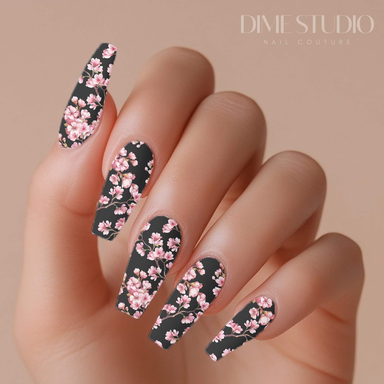 Pink & Black Japanese Cherry Blossom Nail Decals Waterslide Nail Wraps