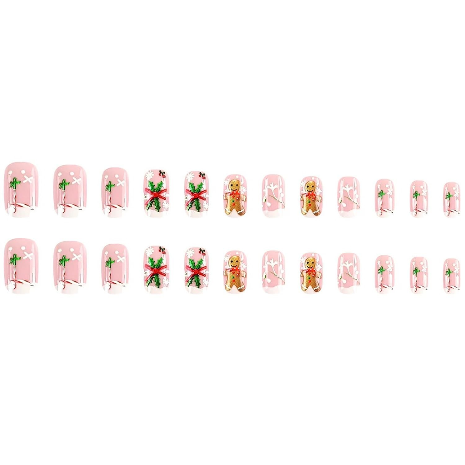 Christmas Press on Nails Short Oval Fake Nails with Snowflake Holly Gingerbre…