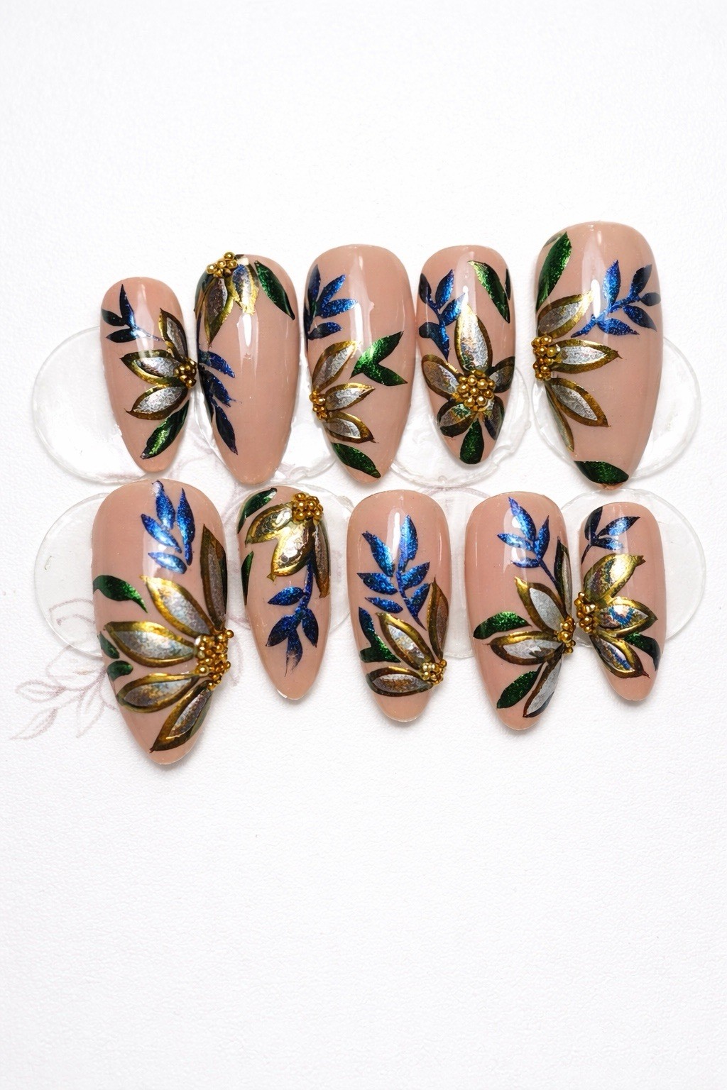 Luxury Handmade Press On Nails | Nude Floral Gold | Reusable Custom Set