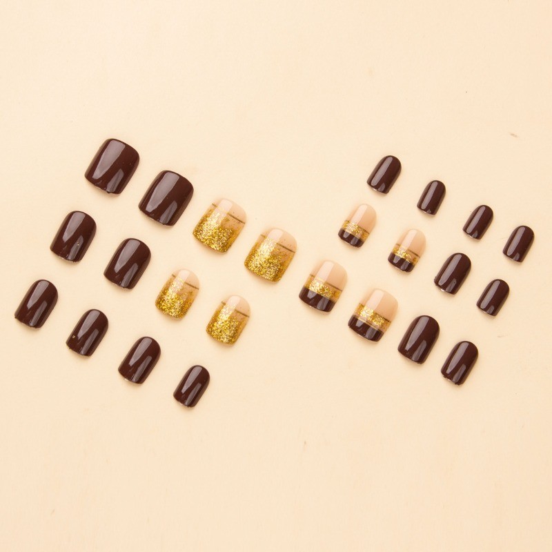 48Pcs-Chocolate Brown Gold Line Press on Nails Glossy Short Square Nail Art Set