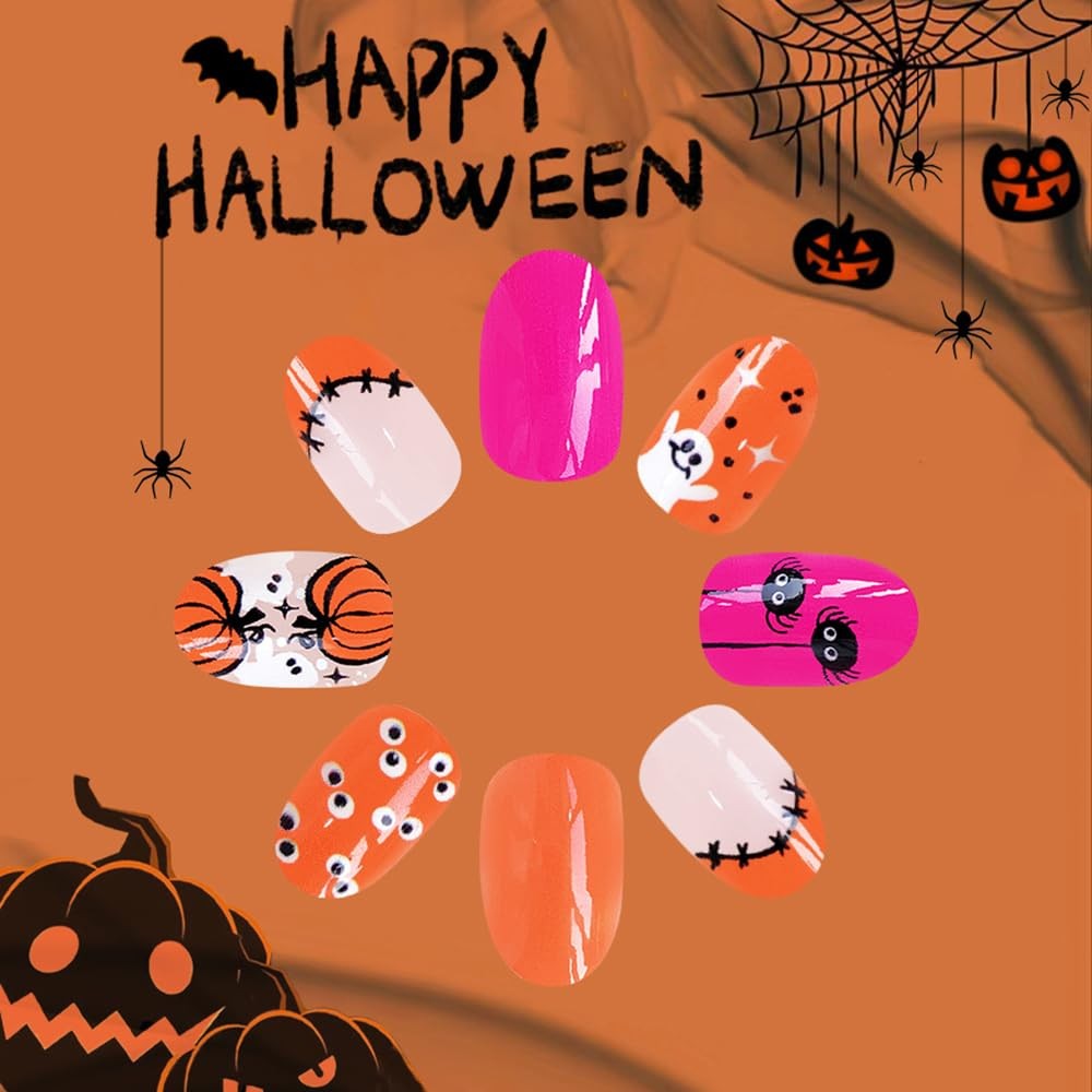 24Pcs Halloween Press on Nails French Tip Fake Nails Short Oval False Nail wi…