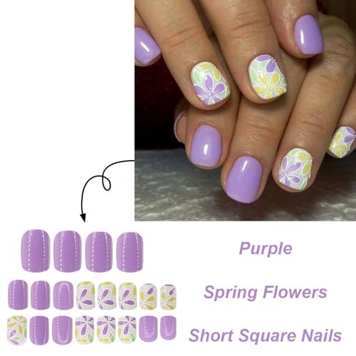Purple Press on Nails Short Square Fake 1 Fl Oz (Pack of 1) Square Flower-10