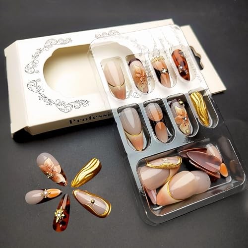 Almond Press on Nails Medium French Tip Fake Nails with Spring Flower Design-4