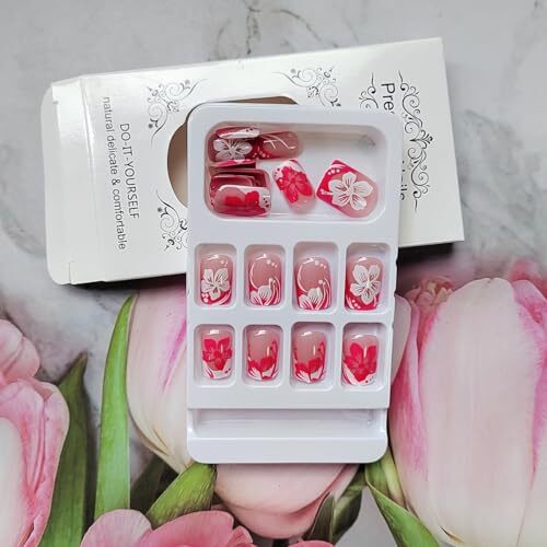 Short Press on Nails Square French Tip Fake Nails Full Cover Pink White A21