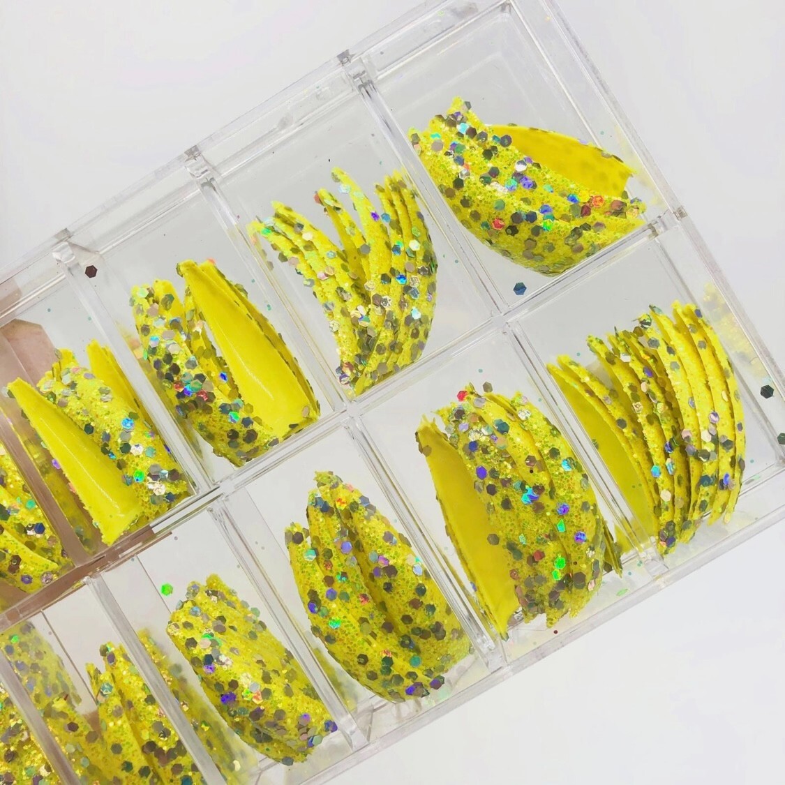 Brand New Tip Jar Fake Nail Tips – Yellow Stiletto with Chunky Glitter (#171)