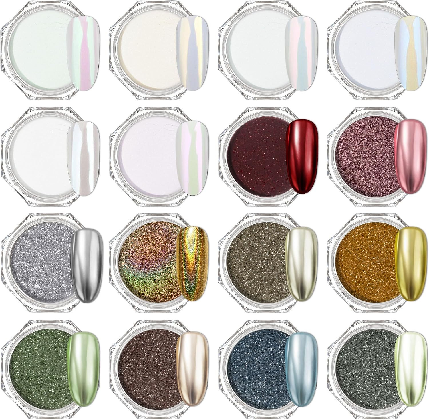16Jars Chrome Nail Powder Magic White Pearl | Colored Mirror Effect Silver Gold