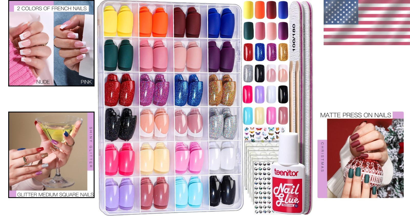 Dazzling Glitter Press On Nails Medium Square Kit 24 Pack with Nail Art Stickers