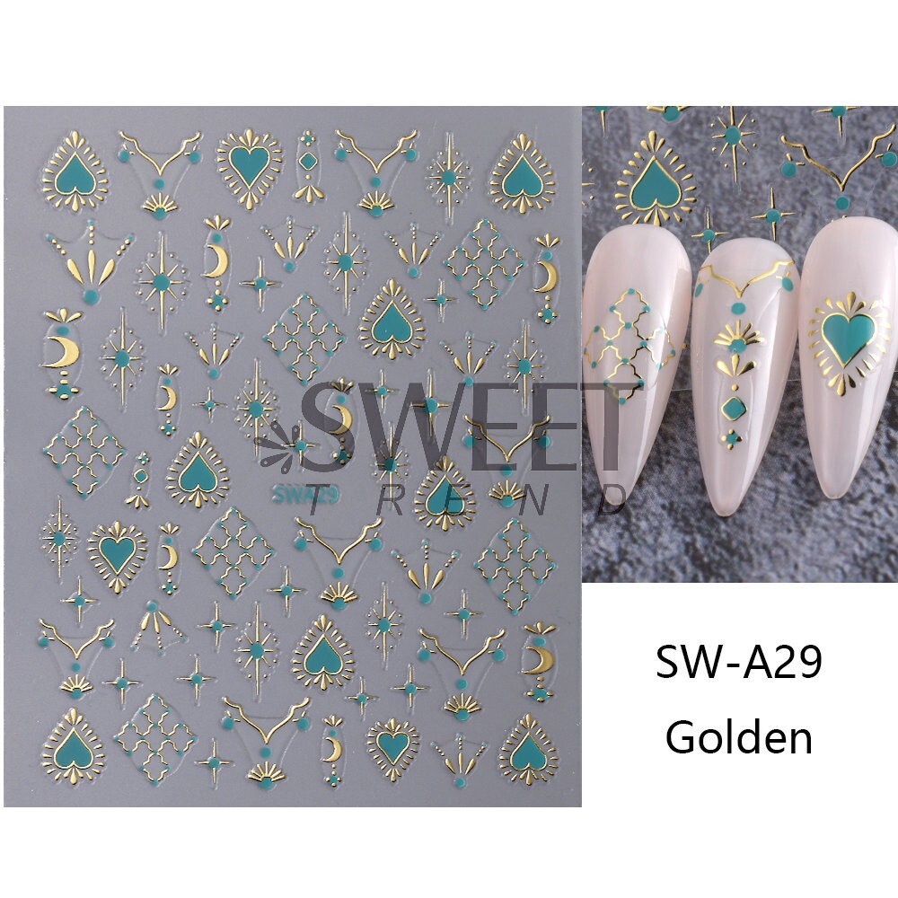 2Pcs Star Moon Sun Heart Bohemian Metallic Gold Silver Nail Stickers DIY NH28
