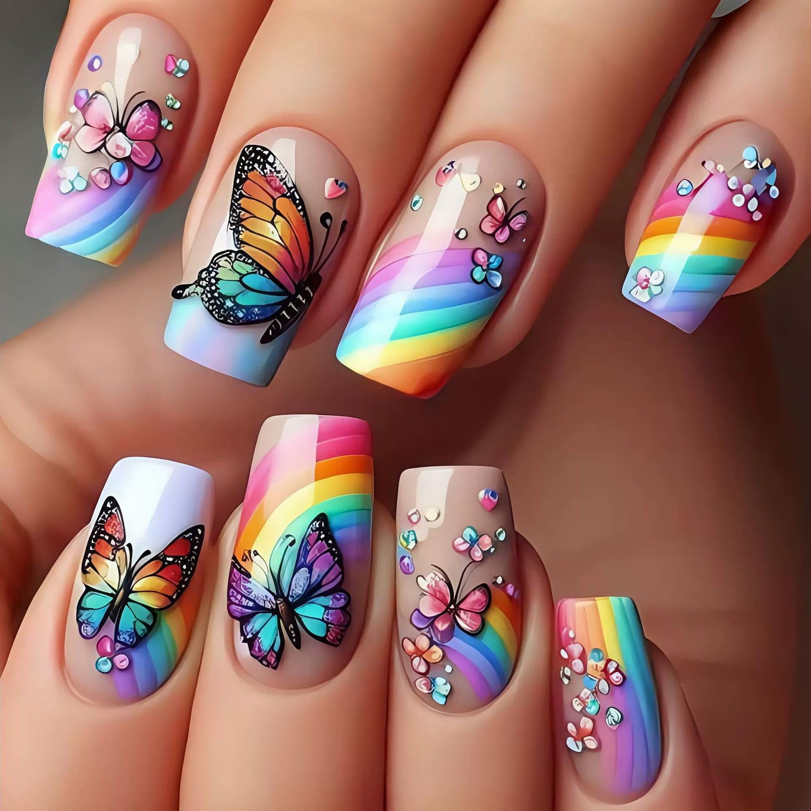 24Pcs Butterfly Press on Nails Medium Coffin Fake Nails Cute Little Spring Fl…