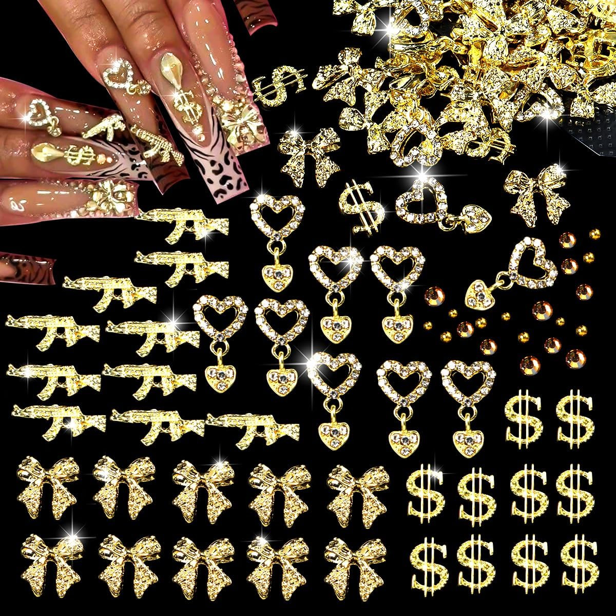 Gold Nail Charms and Gems Set – 100 Pcs 3D Rhinestones for Nail Art Design