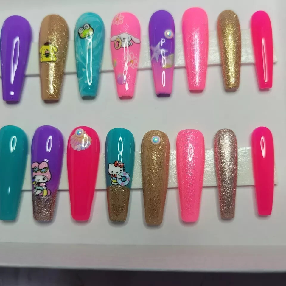 Hello Kitty, Kuromi, My Melody Press-on Nails, Gel, 20 Nail Set, Rhinestones USA