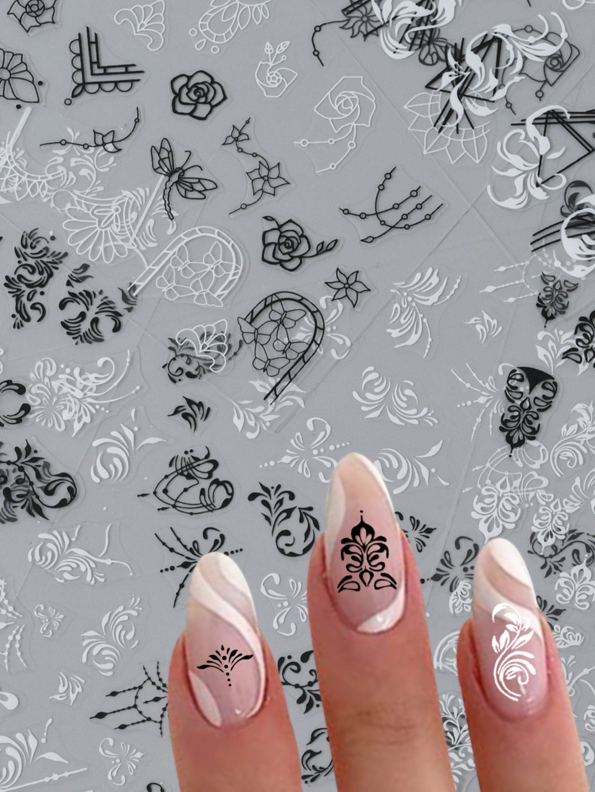 6Sheets Lace Flowers Nail Stickers Nail Decals White Black Lace Floral Nail