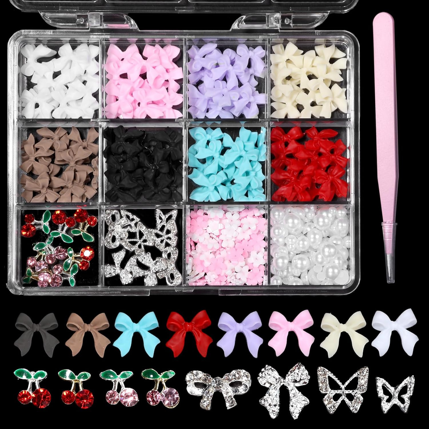 3D Bows Nail Charms, Pink Color White Red Black Bows Flowers Pearls Nail Charms,