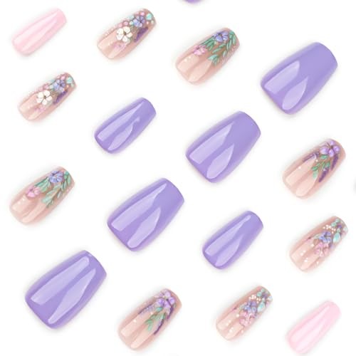French Flower Press on Nails Coffin Medium Fake Nails Glossy Purple Style 6